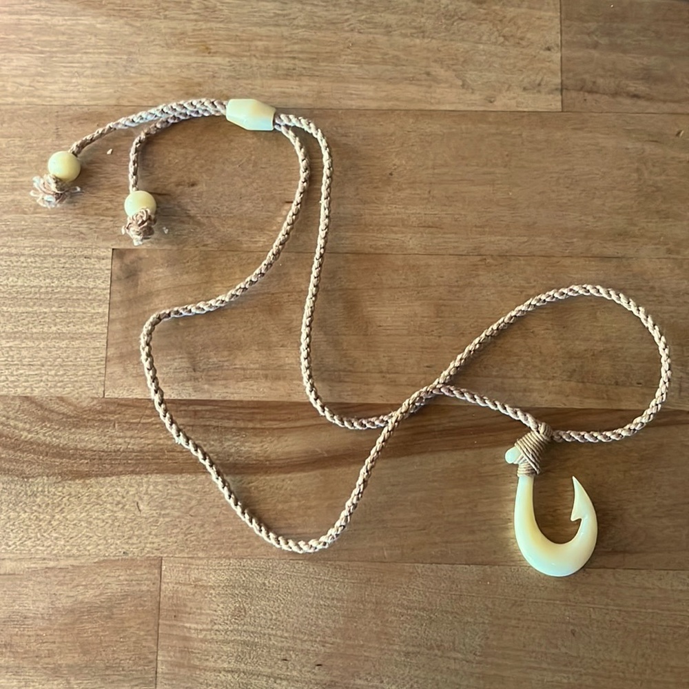 Hawaiian fish hook carved bone necklace